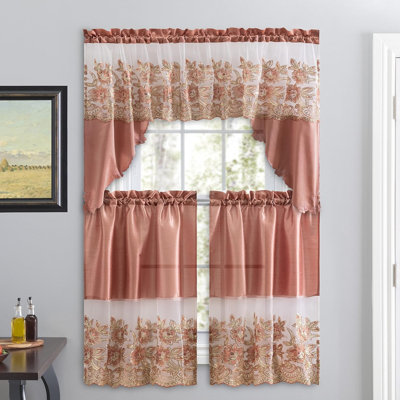 3-Piece Sequin Embroidered Café Curtain Set 3-piece curtain set with matching valance and tiers. Floral embroidery, sequin accents, semi-sheer light-filtering fabric