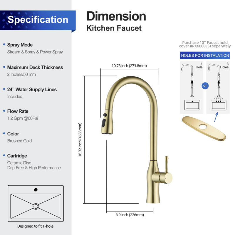 Rainlex Pull Down Kitchen Faucet, Brushed Gold
