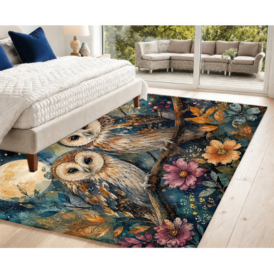 Artistic Watercolor Owl Area Rug, Night Sky Moon & Floral Pattern, Wear Resistant Non-Slip Floor Protection Mat, Vibrant Indoor Decor for Living Room, Bedroom, Dormitory, Entryway, Kitchen, Balcony, Apartment