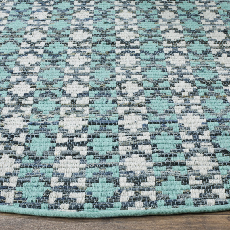 Saleem Flatweave Cotton Turquoise/Navy Blue/White Area Rug, Round 4'