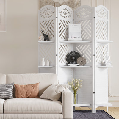 Wood Carved Room Divider with Shelves - Louvered Folding Partition Screen by Ophelia & Co.