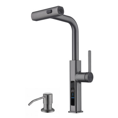 Lefton Pull-Out Waterfall Kitchen Faucet with Soap Dispenser, Battery-free Temperature Display in Fahrenheit, 3 Water Outlet Modes, Single Hole