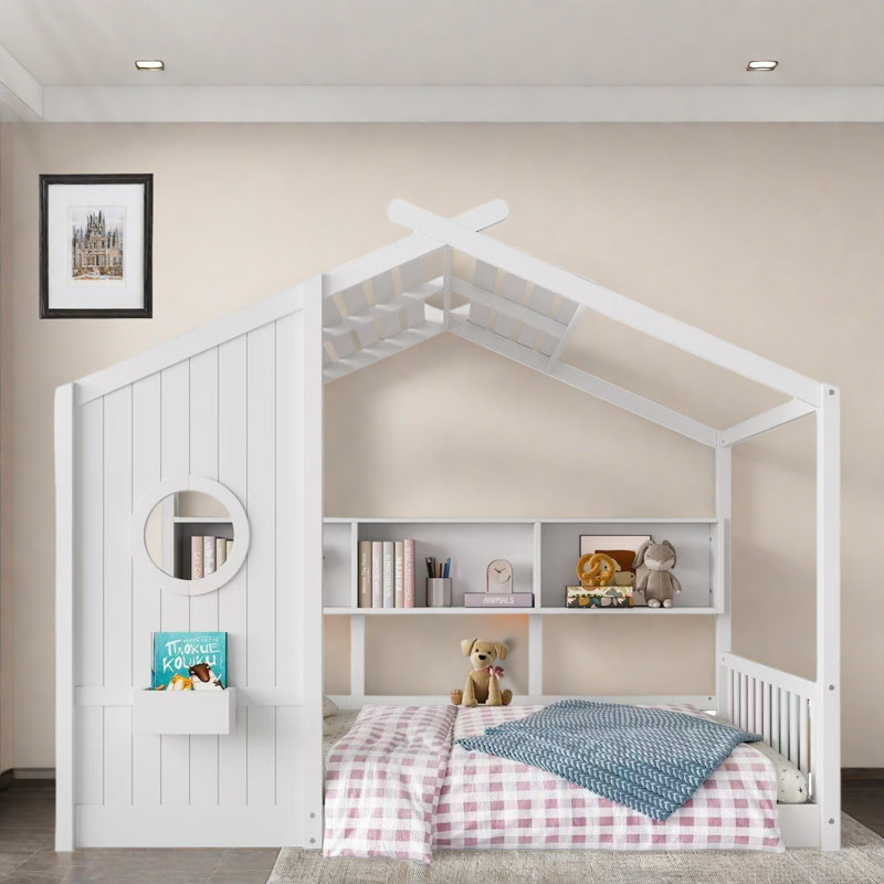 Lit sur pied avec tablettes de rangement, Lit double, Blanc