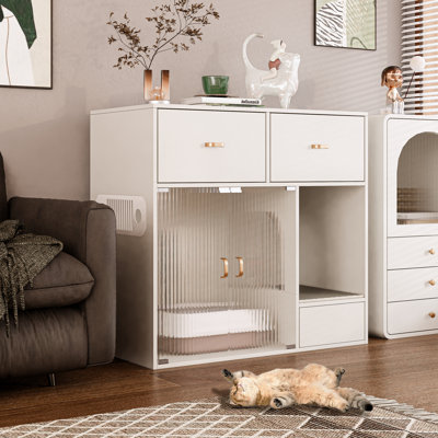 Tilesha White Cat Litter Box Enclosure, 37.4'' Hidden Indoor Litter Box Furniture With Glass Door and Drawers, Modern Cat House Washroom Sideboard End Table For Large Cats