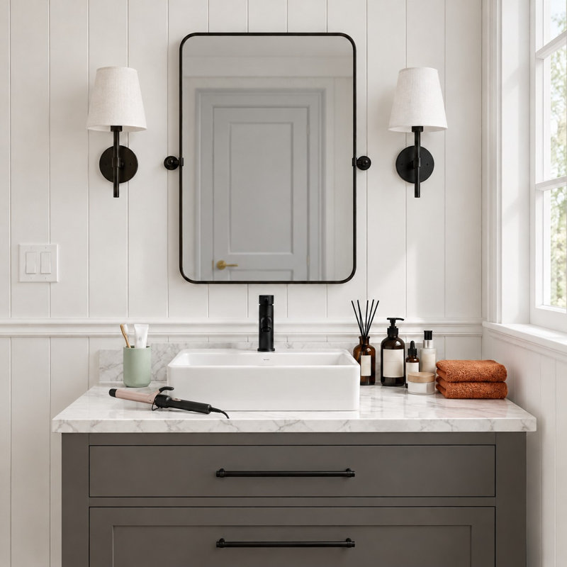 Rectangle Metal Framed Pivot Wall Mirror Bathroom Mirror Dresser Mirror, 91×61 cm, 80×58 cm, 80cm x 58cm, Black