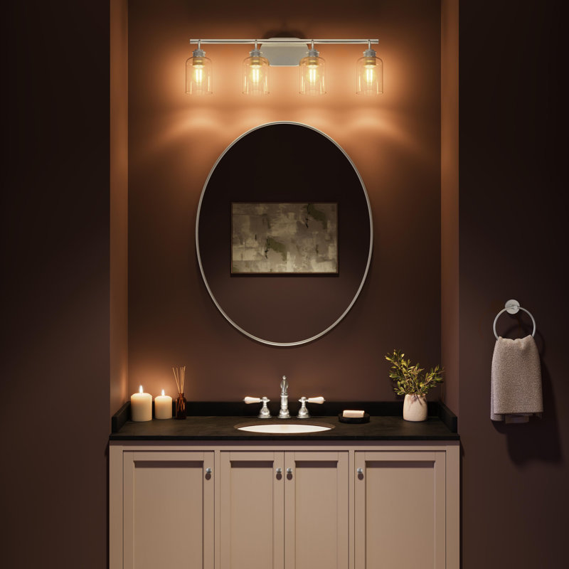 Ensemble de meuble-lavabo 4 lumières en nickel brossé avec abat-jour en verre transparent Reines, Nickel brossé, 4 Lights