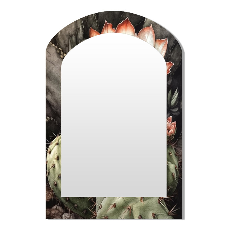 «Blossoming Cactus Flower I - Cactus miroir mural, miroir décoratif asymétrique vert, impression sur métal, 43 po x 33 po