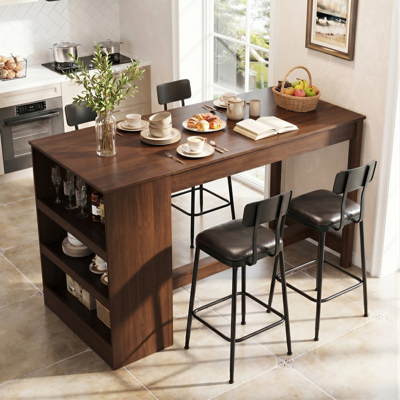Table de bar rectangulaire de 150 cm (59 po) de hauteur comptoir avec étagères de rangement latérales, table de bar de cuisine et table à manger pour salle à manger