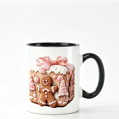 1pc Gingerbread House Christmas Mug - Gingerbread House Themed Ceramic Cup with Gingerbread Cookie.