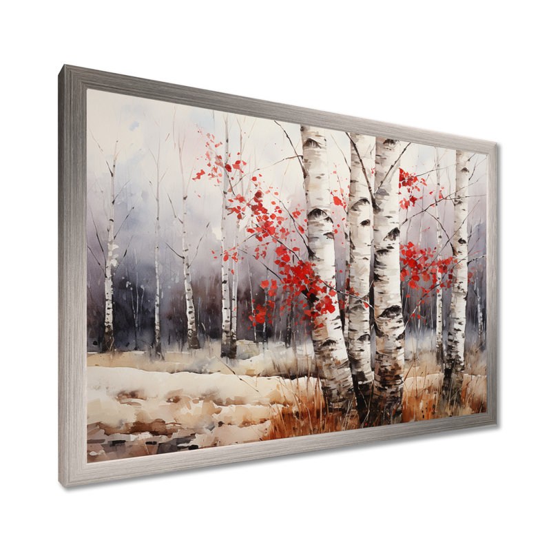 Bois de bouleau blanc et rouge en hiver III - Art mural bouleau, H 12 po x l 20 po x P 1 po, Cadre simple argenté
