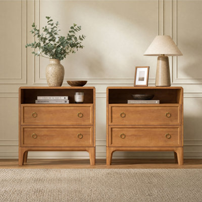 Set of 2 Solid Wood Nightstands – Two Drawers & USB/AC Charging Station