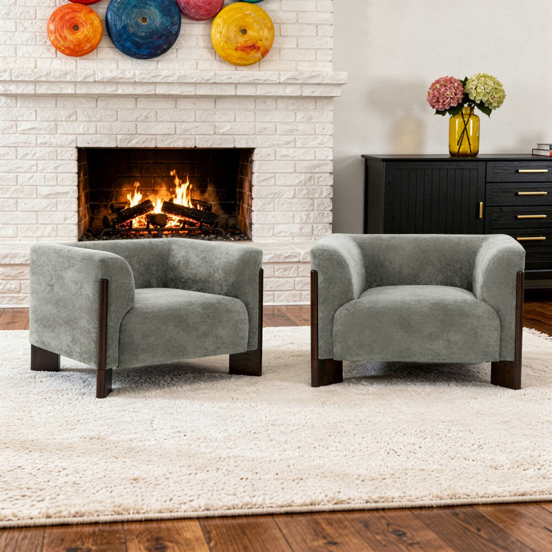Fauteuil rembourré en chenille gris avec accoudoirs incurvés et pieds en bois massif, Gris chenille