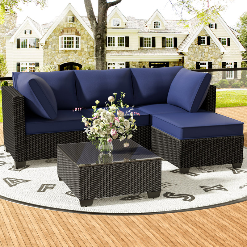 Ensemble de conversation modulaire en rotin 5 pièces avec coussins, Bleu, Noir