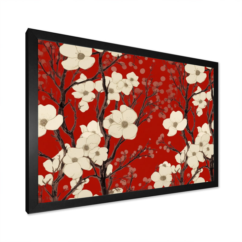 " Red White Dogwood Elegance ", 34" H x 44" W x 1.5" D, Black Single Picture Framed
