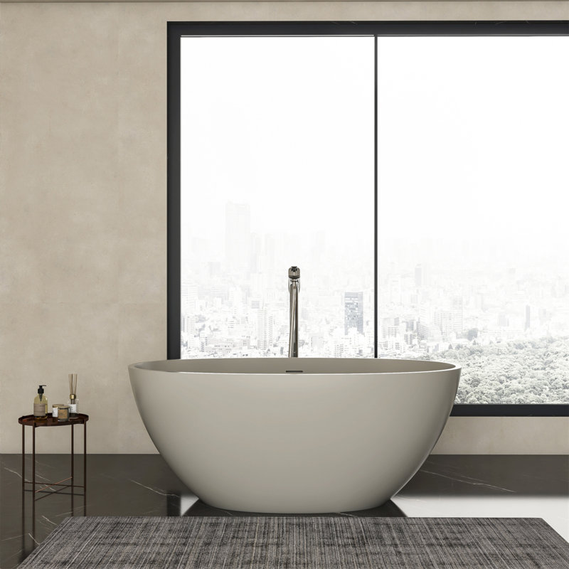 55 Inch Freestanding Solid Surface Soaking Bathtub For Bathroom, Light beige