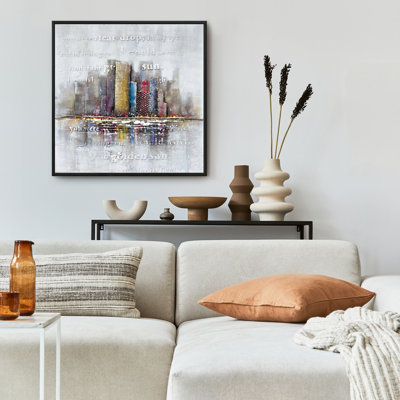 Bâtiments avec typographie en relief - décor de toile moderne encadré
