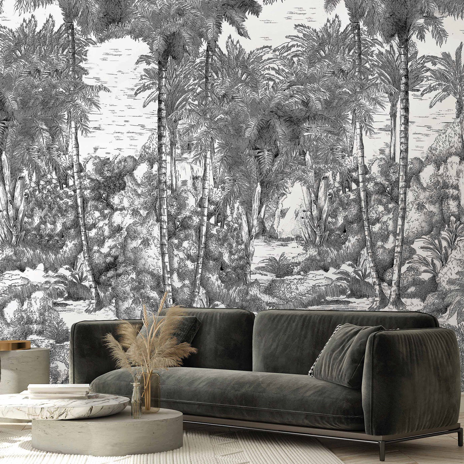 Bayou Breeze Monochrome Jungle Hand-Drawn Tropical Wallpaper Mural ...