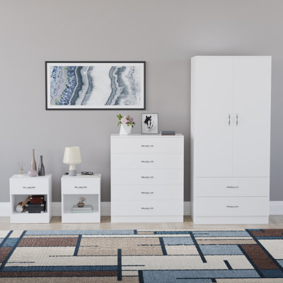 Tayce 4 Piece Bedroom Set (1 Drawer Bedside Chest X2, 5 Drawer Chest, 2 Door 2 Drawer Wardrobe)
