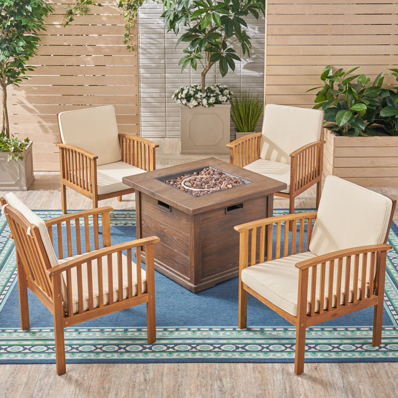 Broadbelt Acacia 4 - Person Patio Conversation Set with Cushions, Brown Patina Frame/Cream Cushion