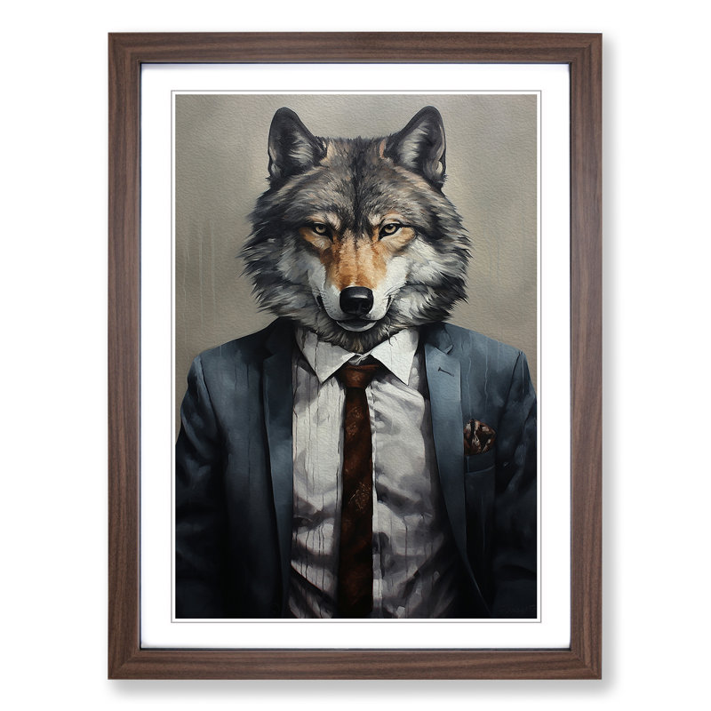 XYZ-FRM-V1223-1694 Wolf In A Suit Painting - Single Picture Frame Print on Wood, 64cm H x 46cm W x 2cm D, Walnut 