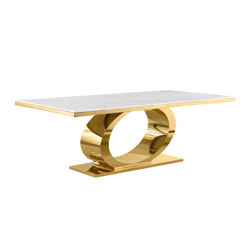 Ballance Marble Top Pedestal Dining Set, 9, Gold, Cream
