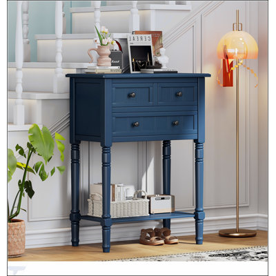 Console étroite avec trois tiroirs et une tablette inférieure, parfaite pour les petits espaces et la décoration élégante