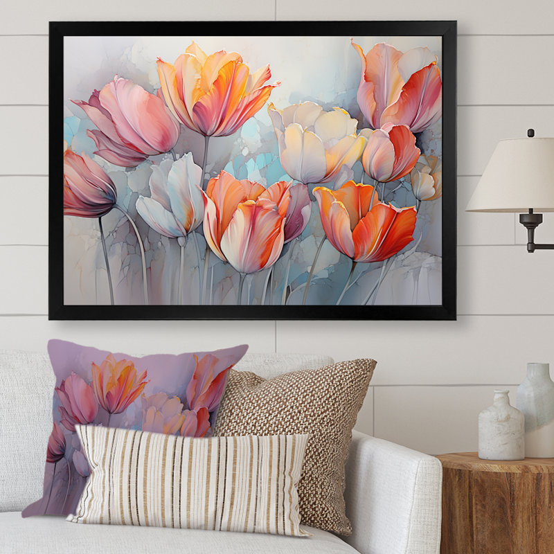 Minimalisme, tulipes rouges et grises sur toile, H 16 po x l 32 po x P 1 po, Cadre simple noir