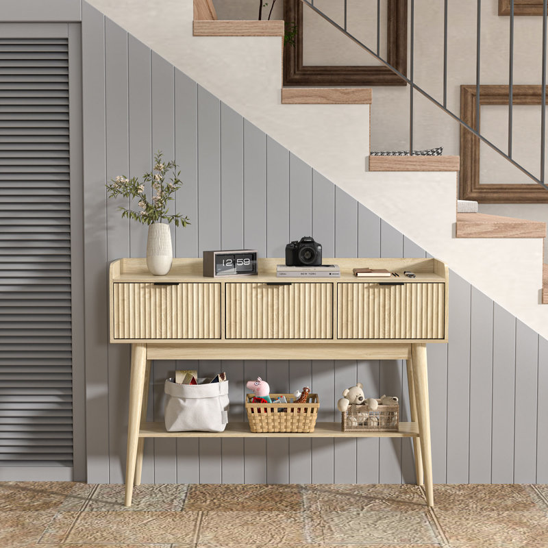 Fluted Console Table With 3 Drawers And Open Storage Shelf, Console Sofa Table For Living Room, Natural