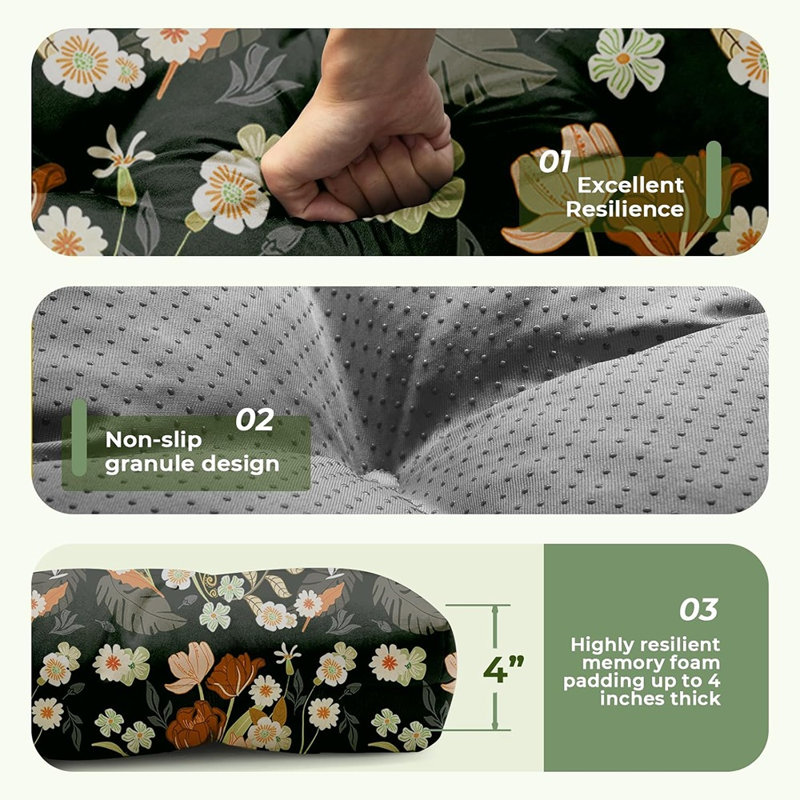 Coussin de chaise longue toutes saisons, coussin de chaise longue d'extérieur en mousse viscoélastique imperméable avec attaches, coussin de remplacement de mobilier de patio épais, motif floral vert