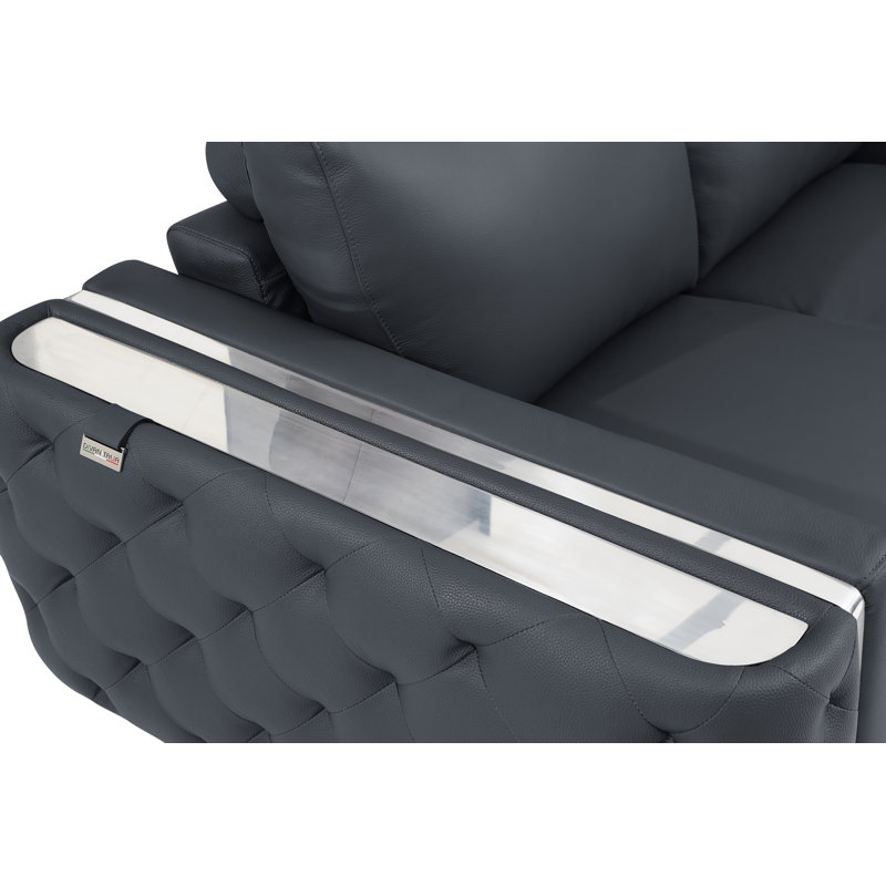 Anissa Genuine Italian Leather Loveseat, Dark Gray, Chrome