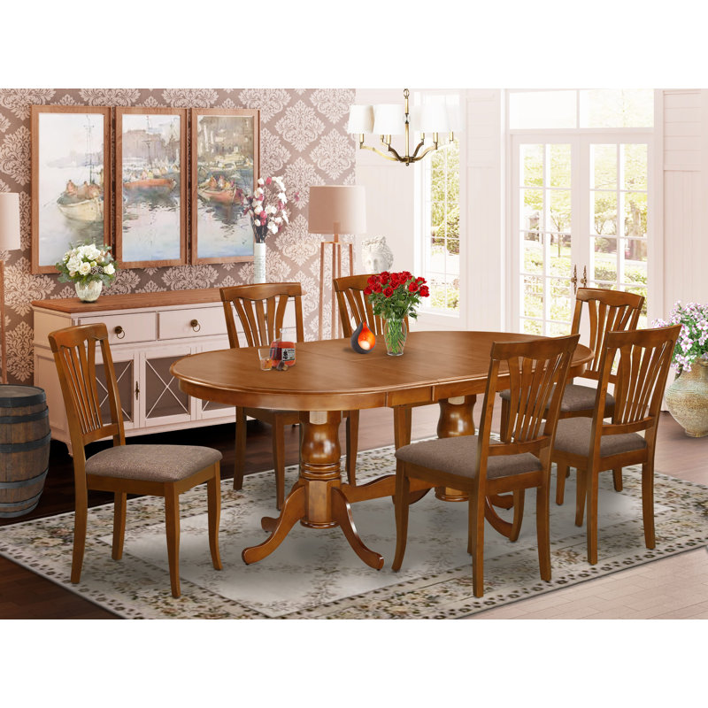 7 Piece Dining Table Set Consist of an Oval Wooden Table with Butterfly Leaf and 6 Linen Fabric Dining Room Chairs, Saddle Brown