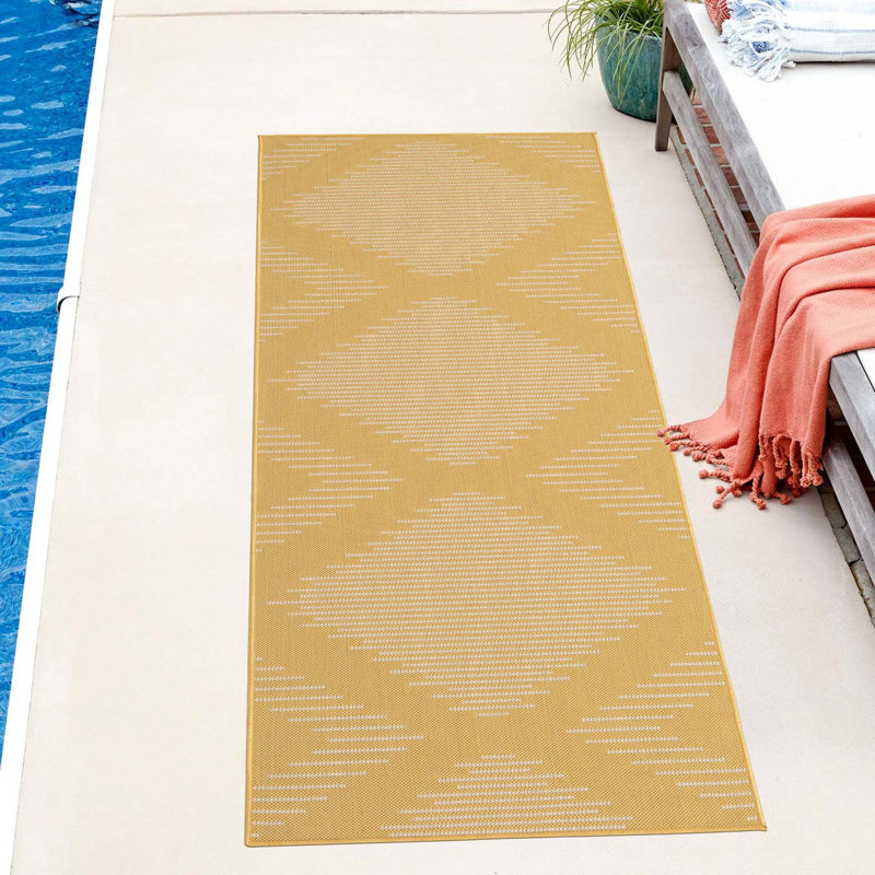 Tapis intérieur / extérieur en polypropylène tissé à la machine marocain en jaune / blanc, Tapis de couloir 2 pi x 6 pi