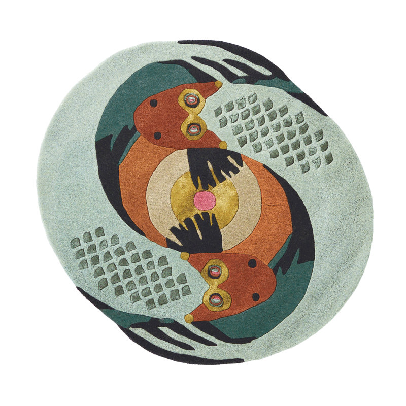 Hand Tufted Wool Area Rug in Teal/Orange/White/Yellow, Round 3'3"