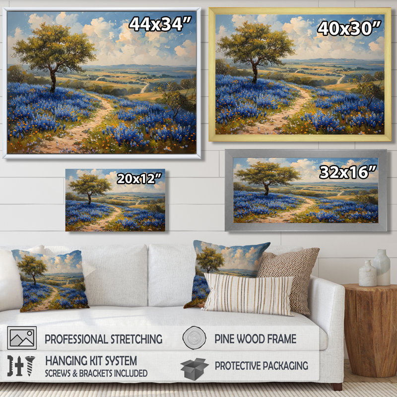 Chasteen - Blue Bonnets, art mural, H 16 po x l 32 po x P 1 po, Toile avec cadre flottant noir