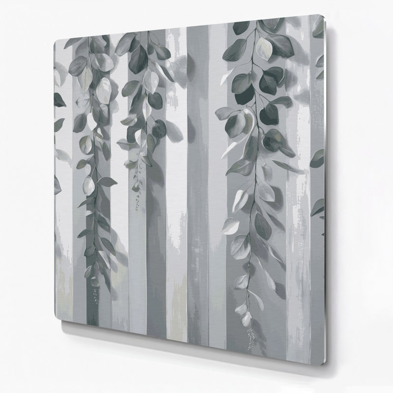 Horizontal Striped Eucalyptus Light Gray Gray Metal Wall Art