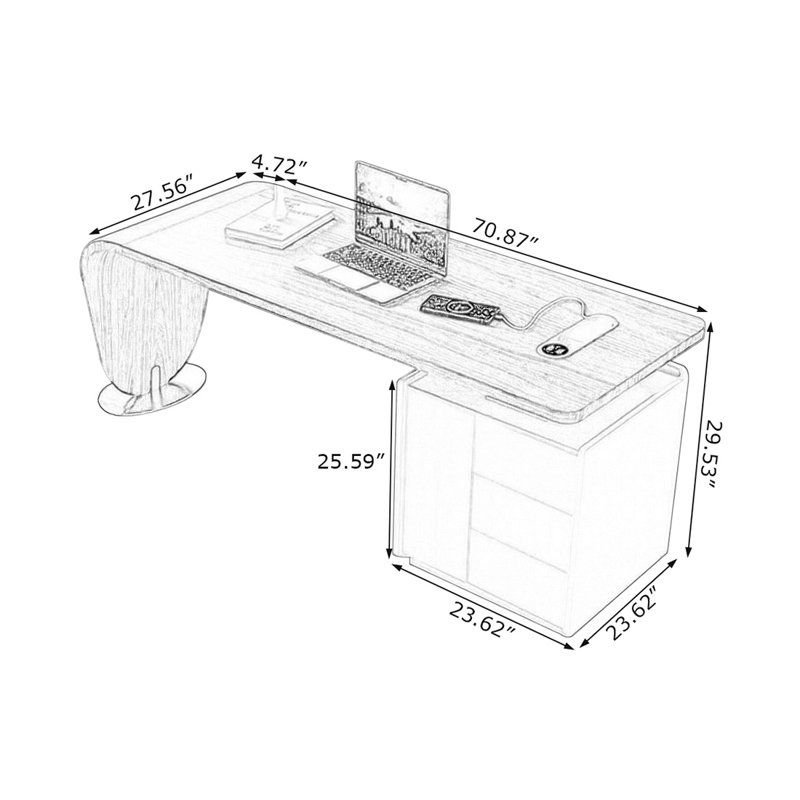 Bureau en bois manufacturé rectangulaire brun noisette + blanc avec 3 tiroirs, 29.53" H x 70.87" W x 27.56" D