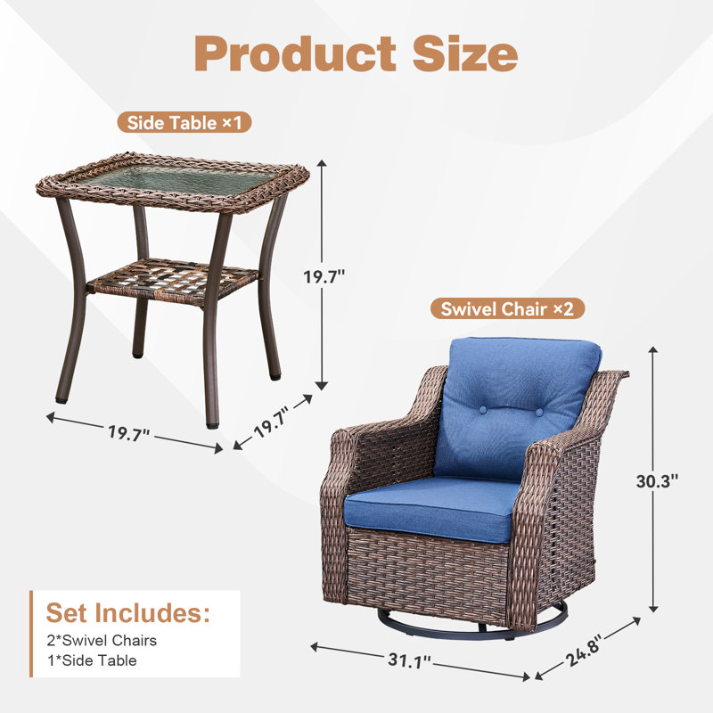 Ensemble de chaises berçantes pivotantes pour l'extérieur, Bleu