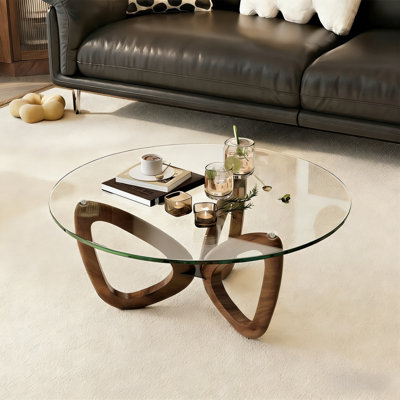 35.43'' Round Glass Coffee Table With Wooden Base Modern Coffee Table For Living Room Glass Top Single Coffee Table