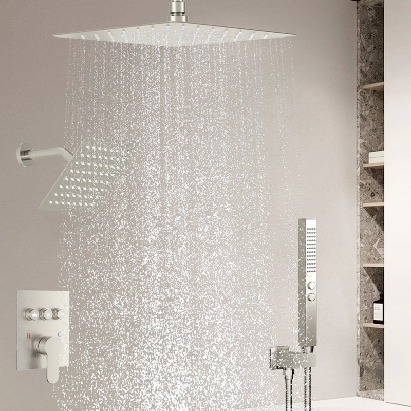 Shower Systems With Rain Shower And Handheld,Dual Head 12+6" Rainfall Shower，Ceiling Mount Shower Faucet Set, Brushed Nickel