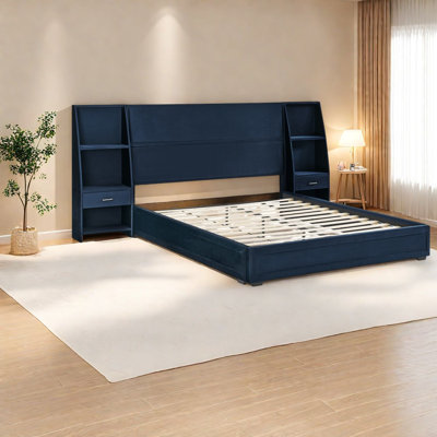 Lits avec rangement, plateforme en panneau de fibres à densité moyenne grand, velours moderne pour maison compacte