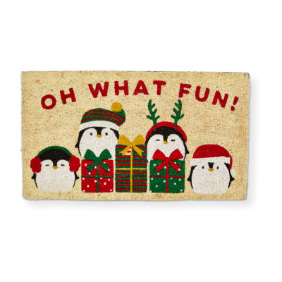 Penguin Fun Non Slip Coir Outdoor Indoor Door Mat Beige Christmas
