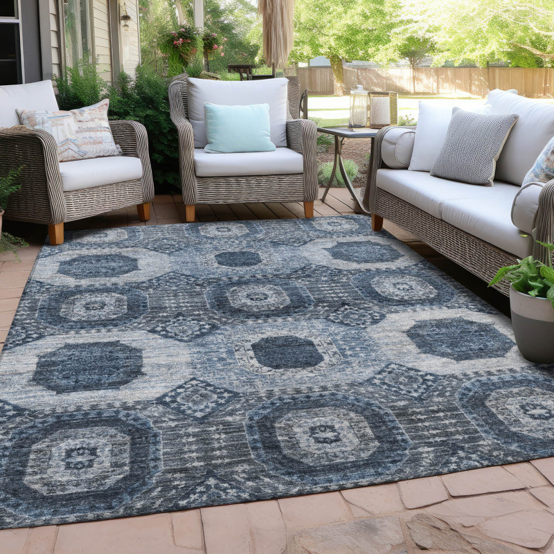 Tapis bleu intérieur / extérieur lavable à la machine Xhevrie, Rectangle 10 pi x 14 pi