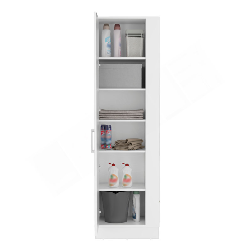 Armoire de rangement Lilo, crochets à balai, tablettes intérieures - blanc