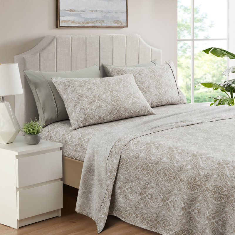 Percale Paisley Sheet Set, Full Sheet Set + 1 Fitted Sheet + 2 Pillowcases, Light Gray