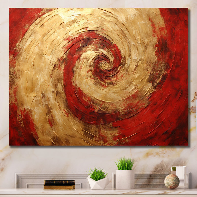 «Red Gold Fusion Spiral III», art mural abstrait en spirale pour le salon, H 16 po x l 32 po x P 1 po, Toile tendue
