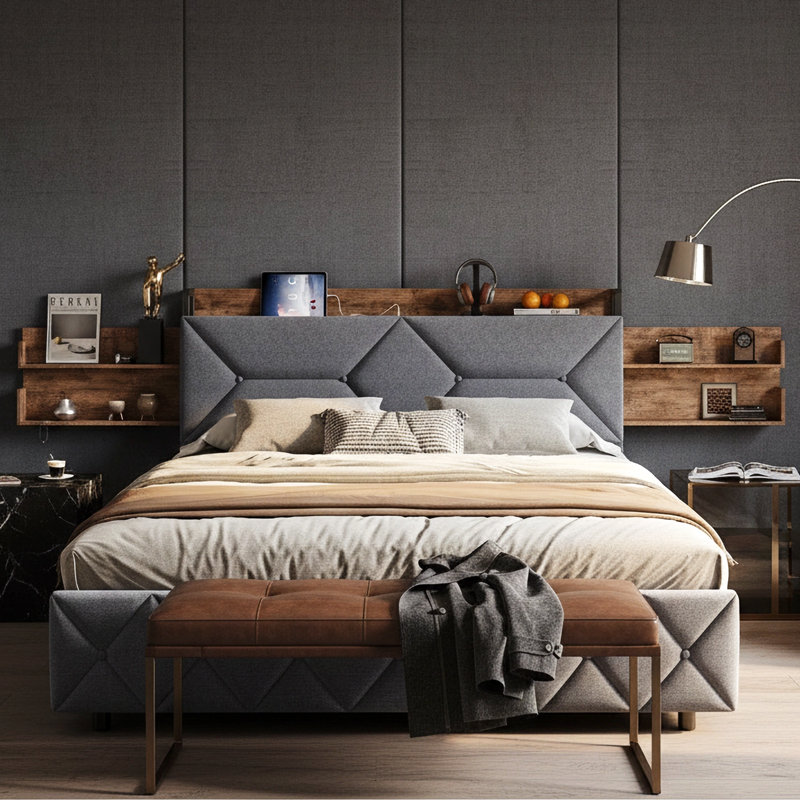 Industrial Storage Bed With 4 Drawers & Retractable Shelves, Upholstered Frame With USB Ports, European Double & King Sizes, Grey