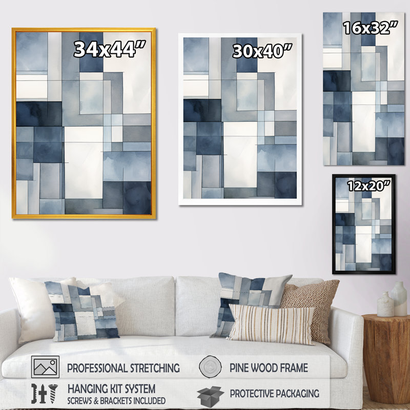 Cubist Dreams, aquarelle en bleu marine rétro délavé sur toile, H 32 po x l 16 po x P 1 po, Toile tendue