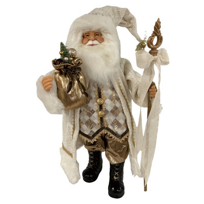 Figurine de père Noël crème et or 24 po avec sceptre et sac saisonnier de Season's Designs, décoration en polyester multicolore