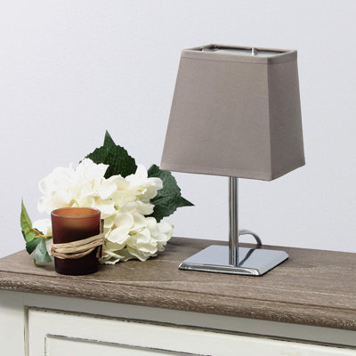  Mini Chrome Table Lamp with Squared Empire Fabric Shade for Bedrooms and Nightstands