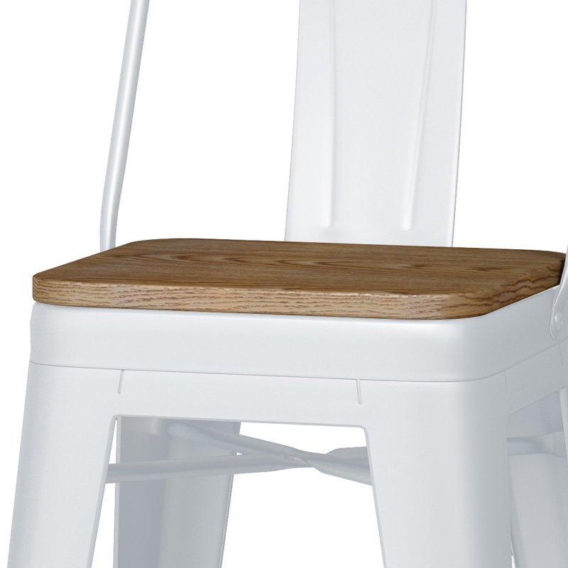 Tabouret en bois massif et métal Rayne, Blanc, Tabouret de comptoir (siège d'une hauteur de 24,0, 4